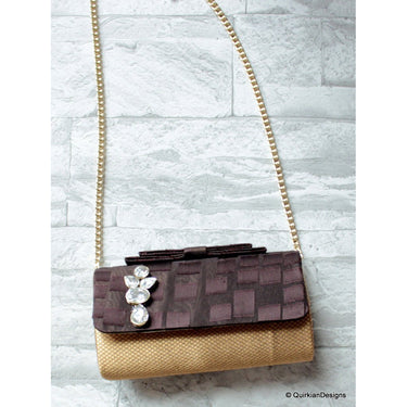 Wedding Party Clutch, Hard Body Purse, Brown And Copper Bronze Fabric Purse